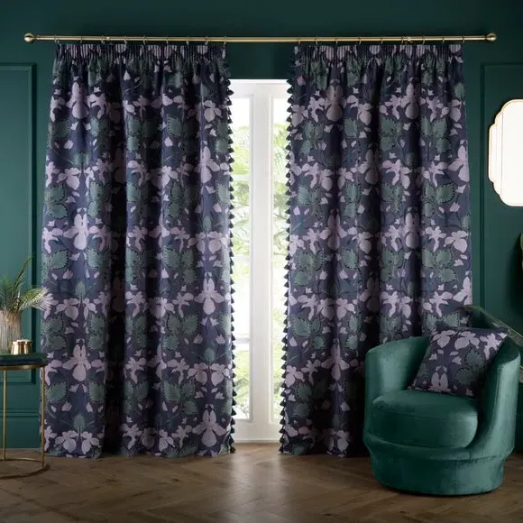 Pencil Pleat Curtains with Floral Design - Navy