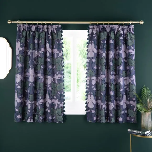 Pencil Pleat Curtains with Floral Design - Navy