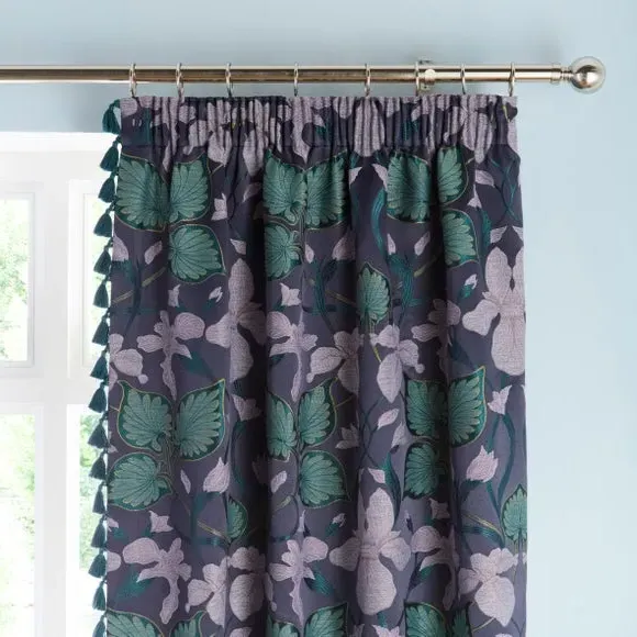 Pencil Pleat Curtains with Floral Design - Navy