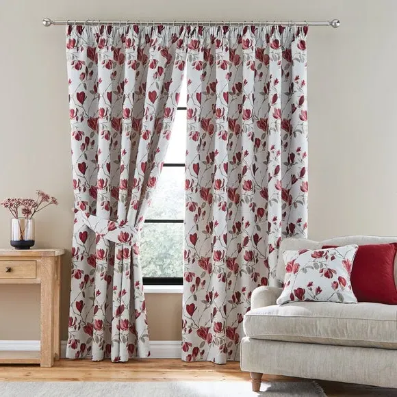 Pencil Pleat Curtains with Floral Design - Red