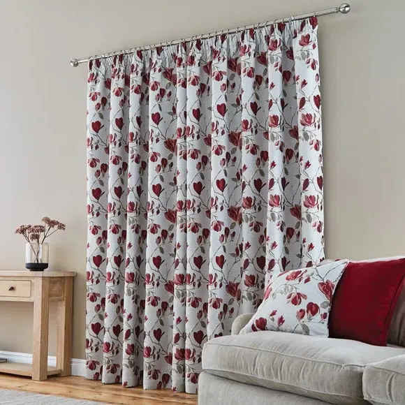 Pencil Pleat Curtains with Floral Design - Red