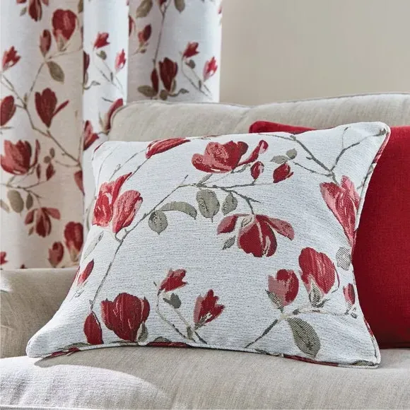 Pencil Pleat Curtains with Floral Design - Red