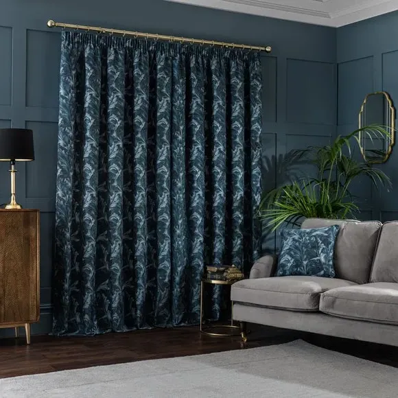 Pencil Pleat Curtains with Floral Design - Teal