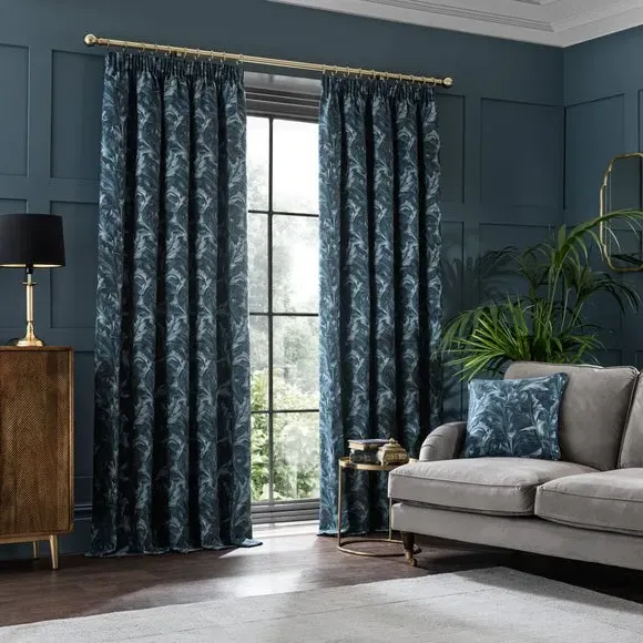 Pencil Pleat Curtains with Floral Design - Teal