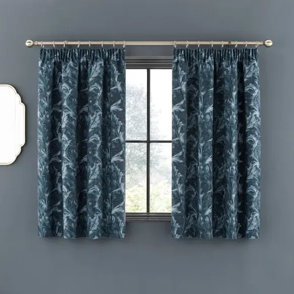 Pencil Pleat Curtains with Floral Design - Teal