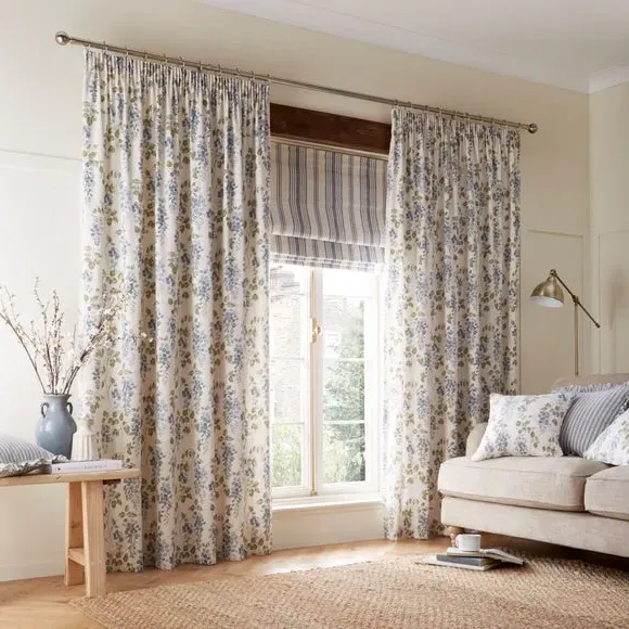Pencil Pleat Curtains with Floral Print - Blue