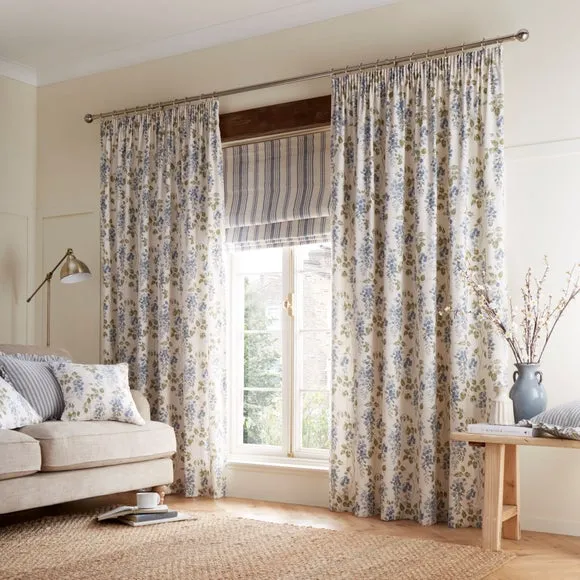 Pencil Pleat Curtains with Floral Print - Blue