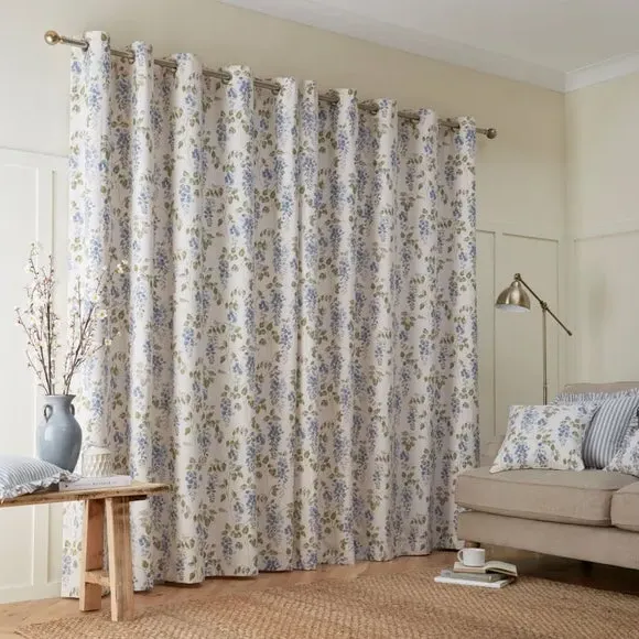 Pencil Pleat Curtains with Floral Print - Blue