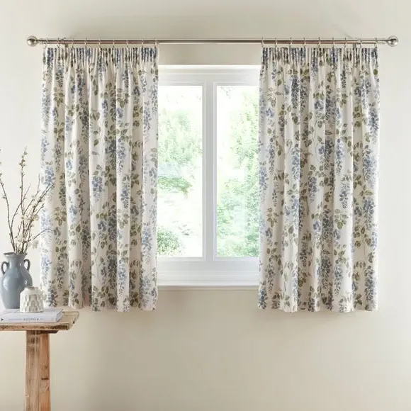 Pencil Pleat Curtains with Floral Print - Blue