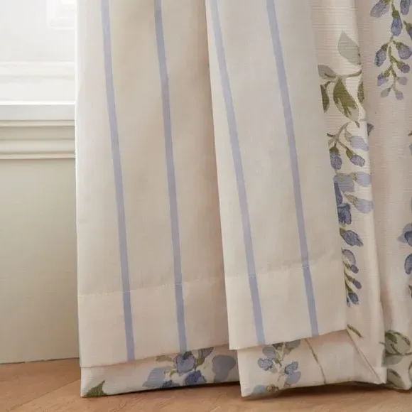 Pencil Pleat Curtains with Floral Print - Blue