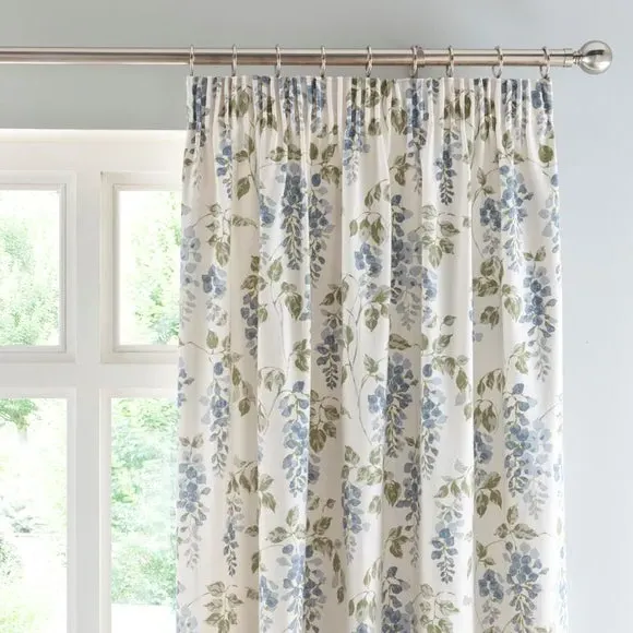 Pencil Pleat Curtains with Floral Print - Blue image