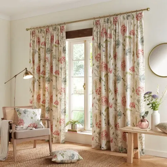 Pencil Pleat Curtains with Floral Print - Natural