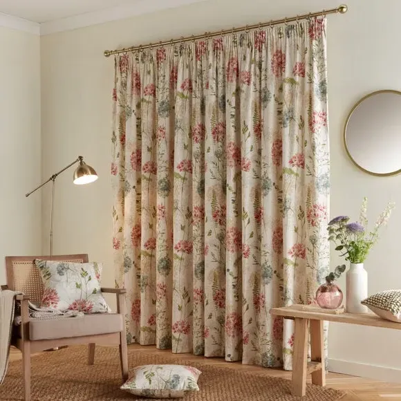 Pencil Pleat Curtains with Floral Print - Natural