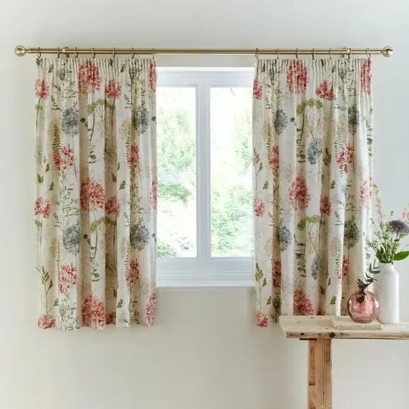 Pencil Pleat Curtains with Floral Print - Natural