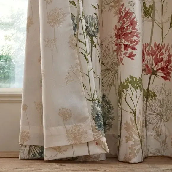 Pencil Pleat Curtains with Floral Print - Natural