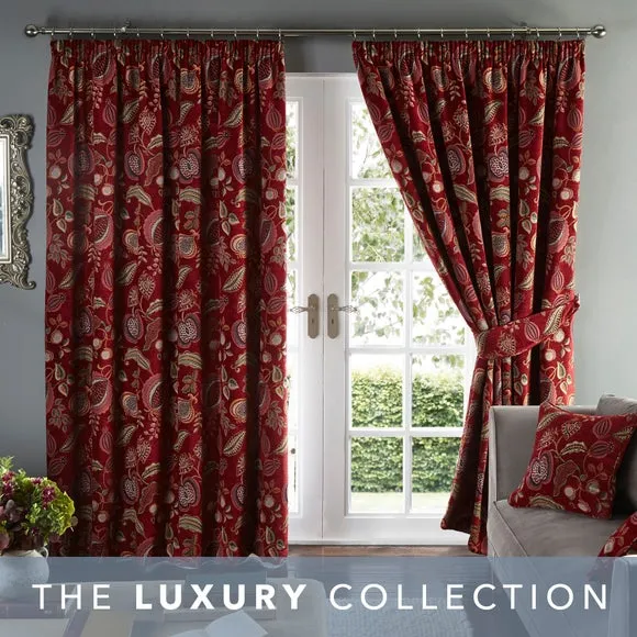 Pencil Pleat Curtains with Floral Print - Red