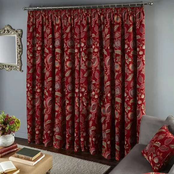 Pencil Pleat Curtains with Floral Print - Red
