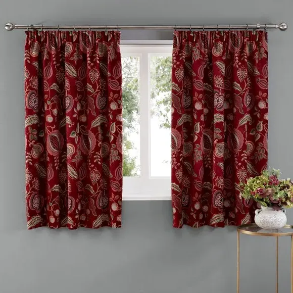Pencil Pleat Curtains with Floral Print - Red