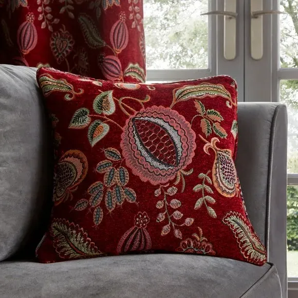 Pencil Pleat Curtains with Floral Print - Red