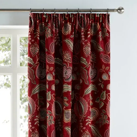 Pencil Pleat Curtains with Floral Print - Red