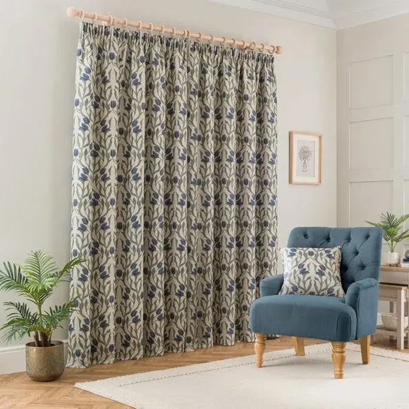 Pencil Pleat Curtains with Jacquard - Blue