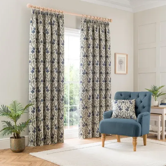 Pencil Pleat Curtains with Jacquard - Blue