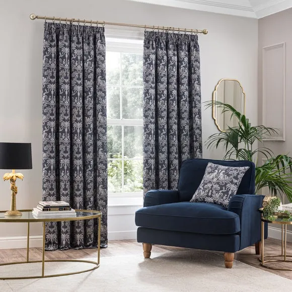 Pencil Pleat Curtains with Jungle Design - Blue