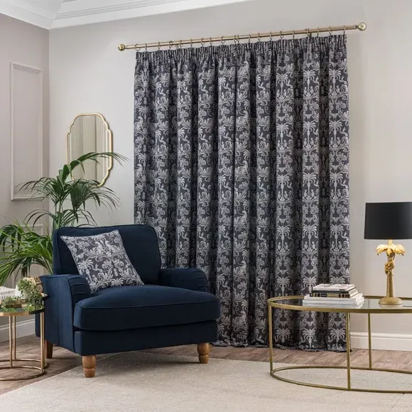 Pencil Pleat Curtains with Jungle Design - Blue