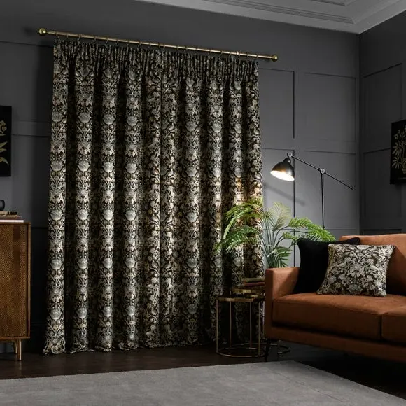 Pencil Pleat Curtains with Lining - Black, Jacquard