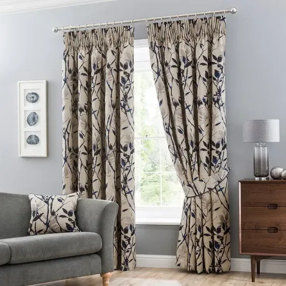 Pencil Pleat Curtains with Lining - Blue, Jacquard