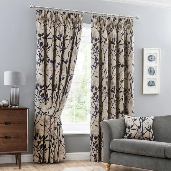 Pencil Pleat Curtains with Lining - Blue, Jacquard