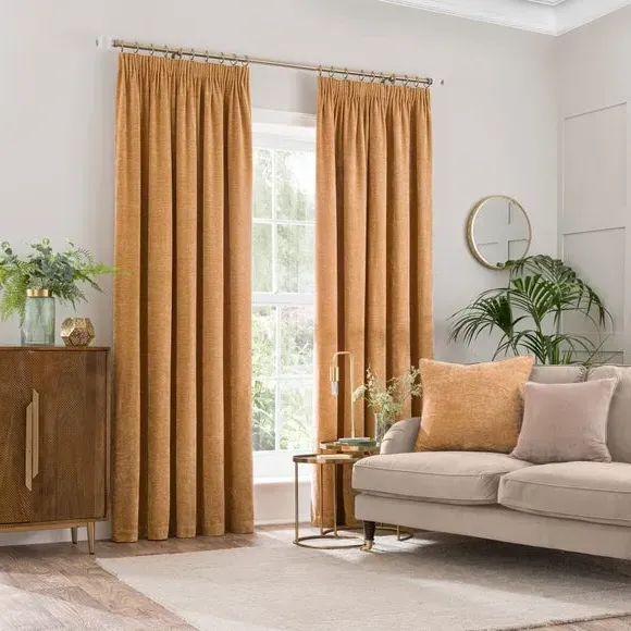 Pencil Pleat Curtains with Lining - Honey, Chenille
