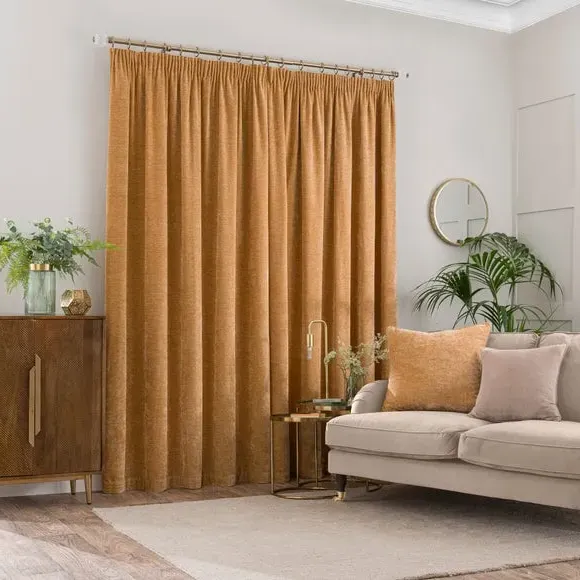 Pencil Pleat Curtains with Lining - Honey, Chenille