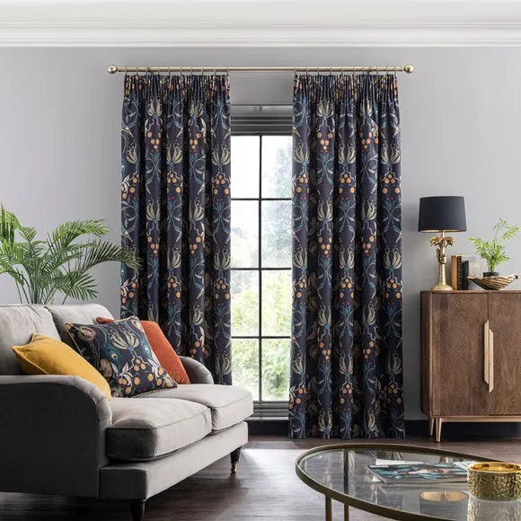 Pencil Pleat Curtains with Lining - Navy, Fabric