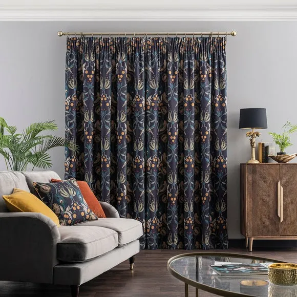 Pencil Pleat Curtains with Lining - Navy, Fabric
