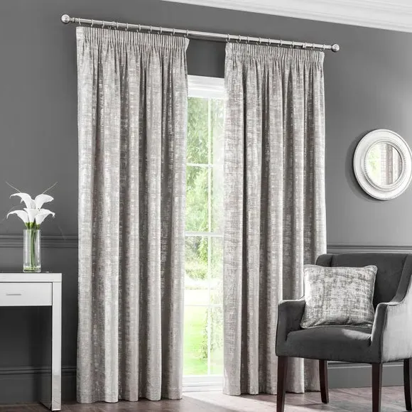 Pencil Pleat Curtains with Metallic Print - Silver