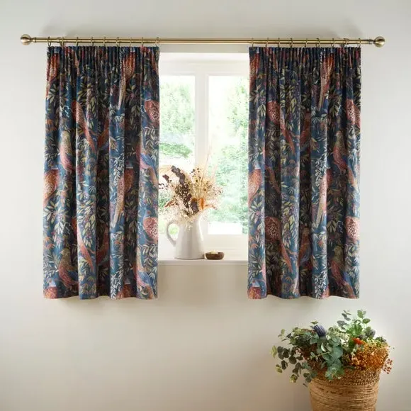 Pencil Pleat Curtains with Pheasant Print - Navy