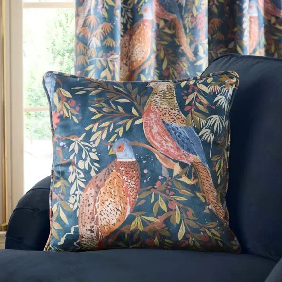 Pencil Pleat Curtains with Pheasant Print - Navy