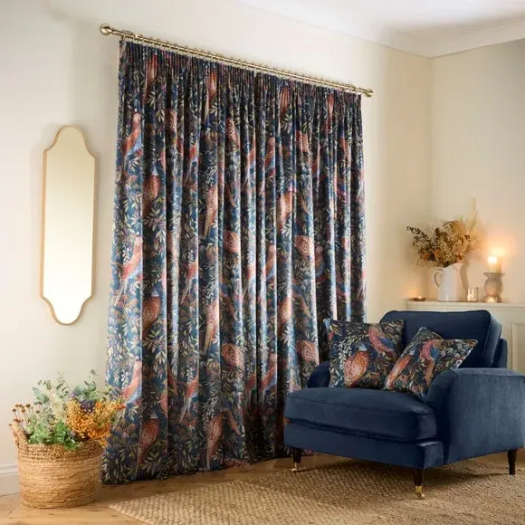 Pencil Pleat Curtains with Pheasant Print - Navy