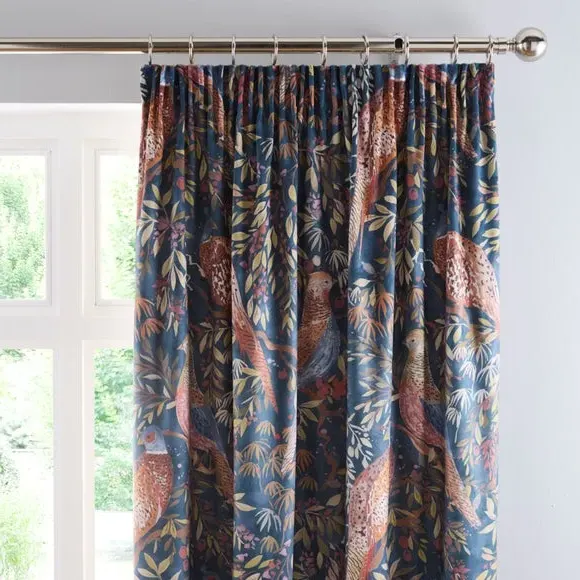 Pencil Pleat Curtains with Pheasant Print - Navy image
