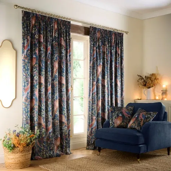 Pencil Pleat Curtains with Pheasant Print - Navy