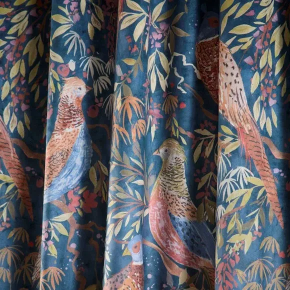Pencil Pleat Curtains with Pheasant Print - Navy