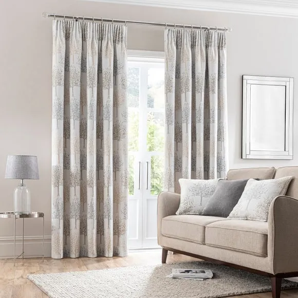 Pencil Pleat Curtains with Tree Design - Dove