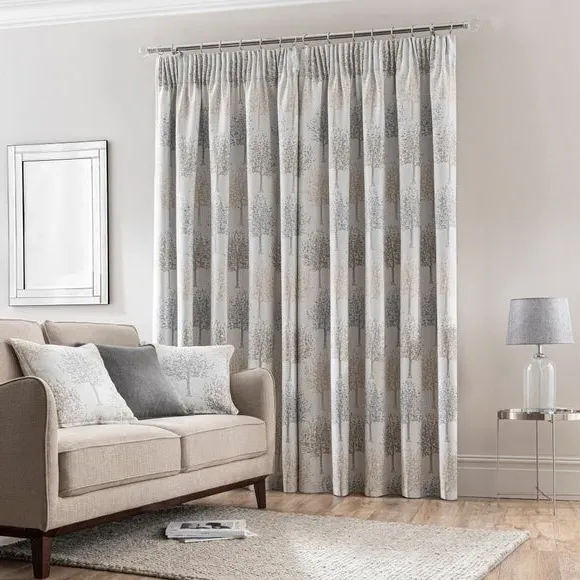 Pencil Pleat Curtains with Tree Design - Dove