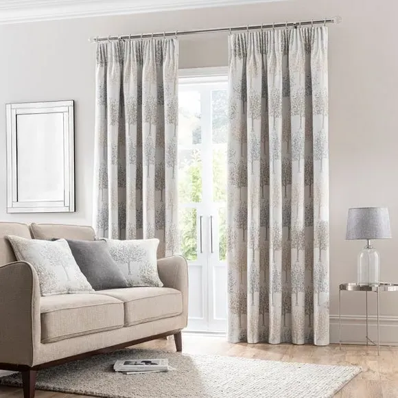 Pencil Pleat Curtains with Tree Design - Dove