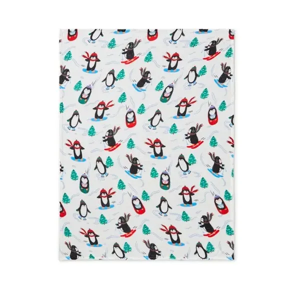 Penguin Print Throw Blanket - White, Fleece