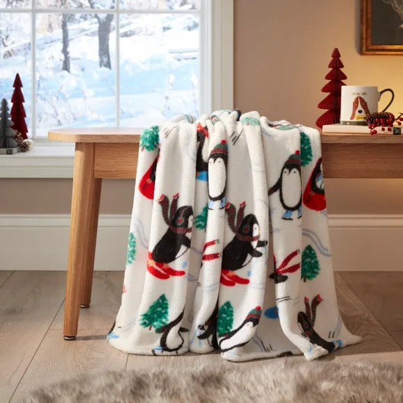 Penguin Print Throw Blanket - White, Fleece image