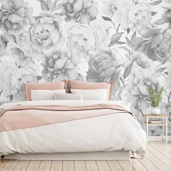 Peony Floral Wall Mural - Grey, Paper