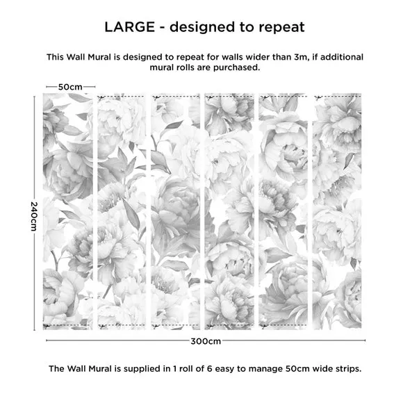 Peony Floral Wall Mural - Grey, Paper