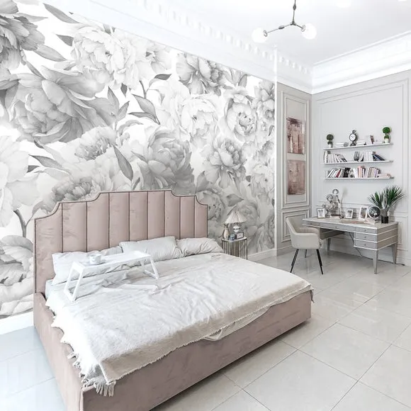 Peony Floral Wall Mural - Grey, Paper